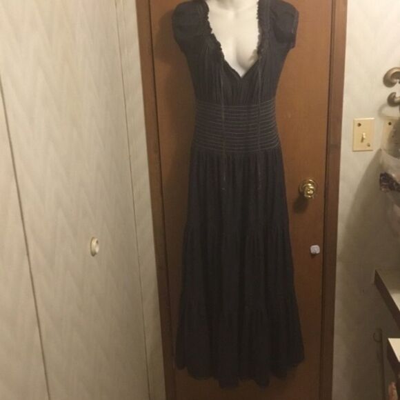 Tiered Ruffle Cinched Waist Boho Peasant Cottagecore Black Jean Maxi Dress 2P - Picture 2 of 10